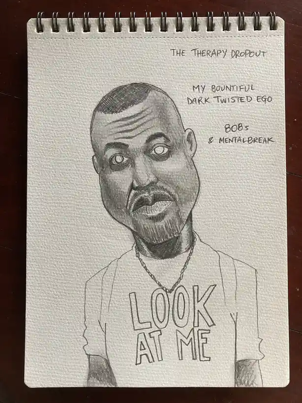 A hand-drawn pencil sketch on a spiral-bound notebook page depicts a man with a distinctive facial expression, wearing a…
