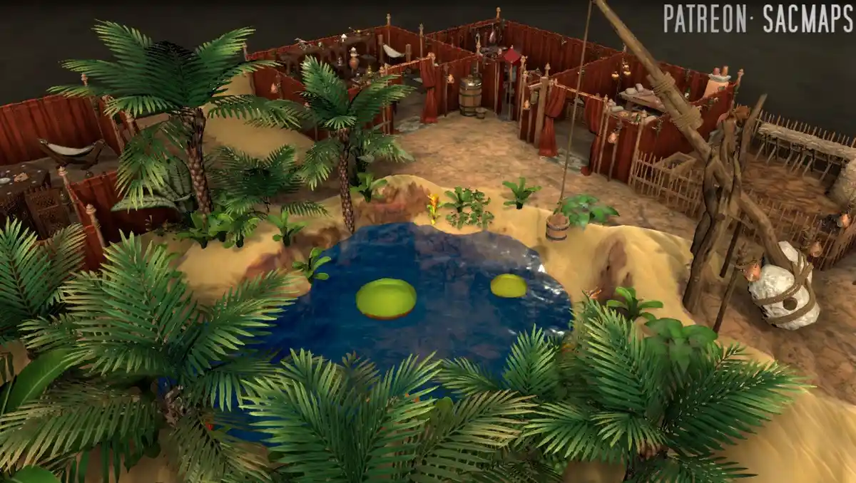 An overhead view of a tropical, jungle-themed in-game map with a central blue pond containing two green lily pads…