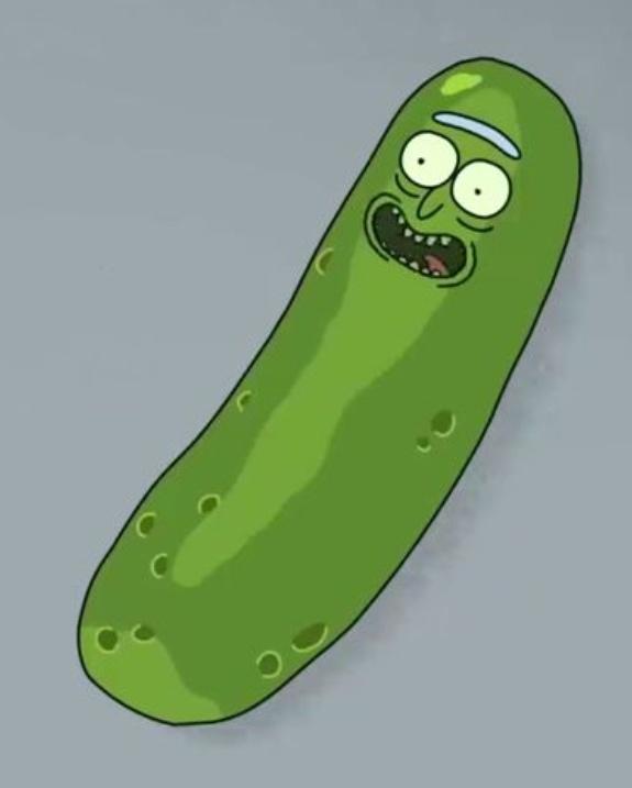 A cartoon pickle with a human face, wide eyes, and a toothy grin, set against a plain gray background. The overlaid text…