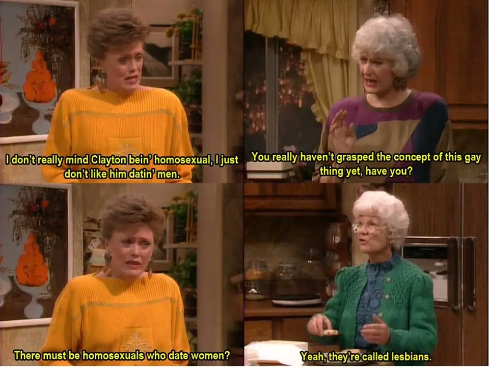 A four-panel meme from the TV show 'The Golden Girls' featuring characters Blanche and Dorothy. In the first panel, Blanche…