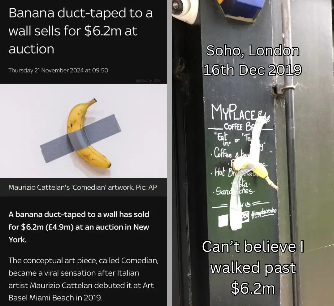 The image is split: left side shows a news article about Maurizio Cattelan's 'Comedian' artwork—a banana duct-taped to a…