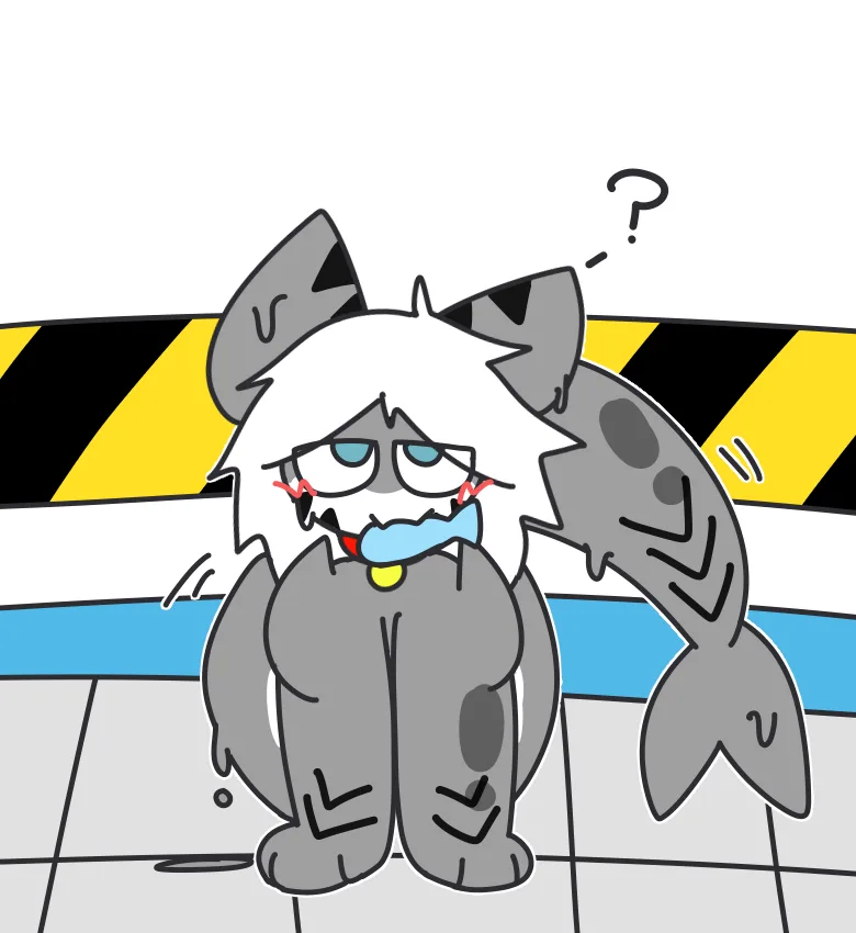 A cartoon grey wolf-like character with white hair and a yellow collar sits on a tiled floor in front of a yellow and black…