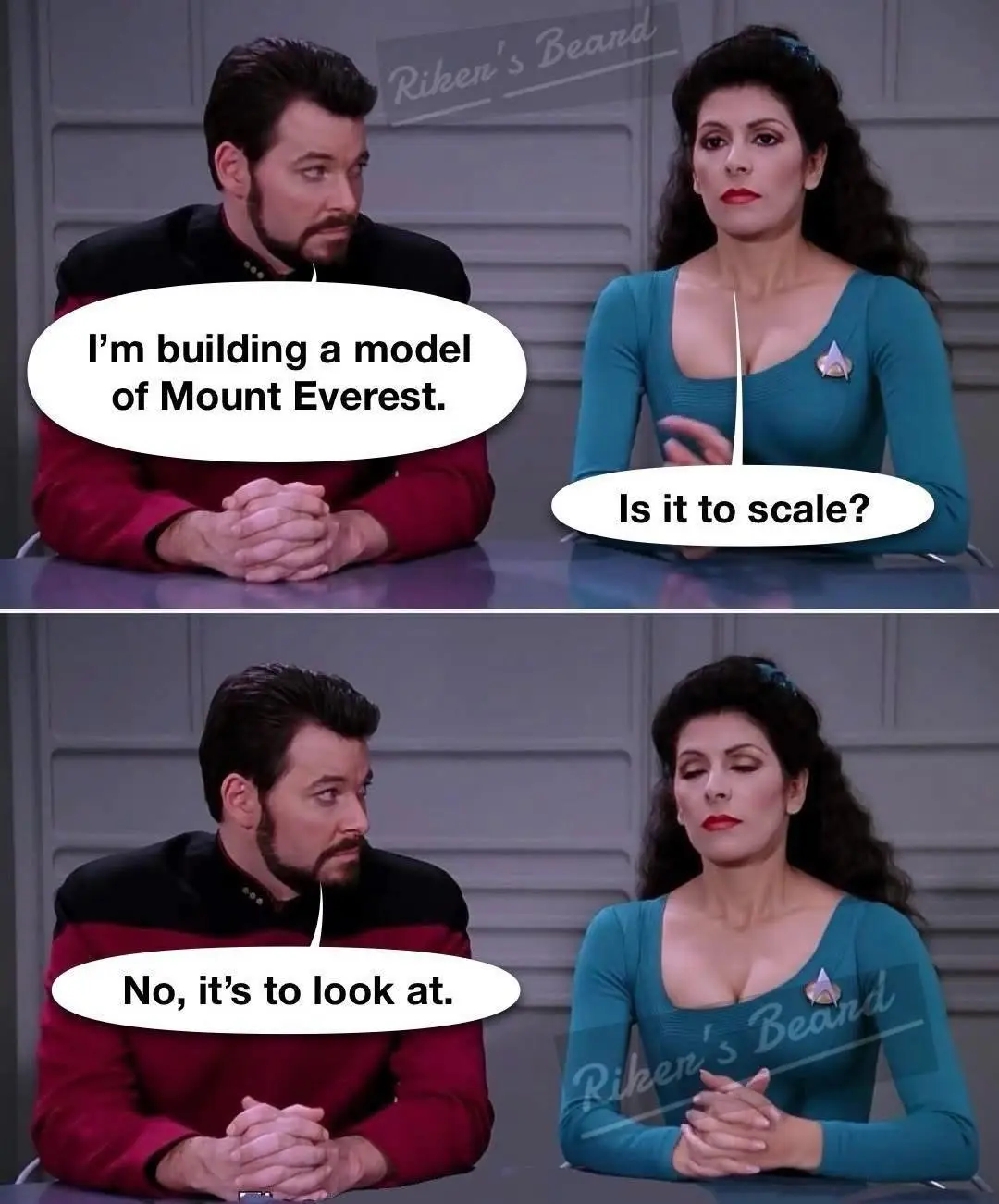 Two characters from Star Trek: The Next Generation sit at a table. The man in the red uniform says, 'I'm building a model of…