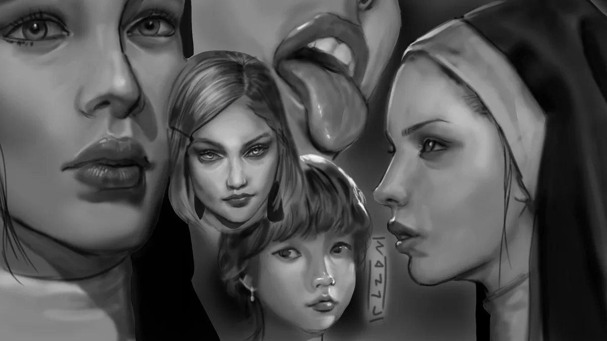 A black-and-white digital art collage featuring multiple female faces, including a nun, a child, and a woman with an…