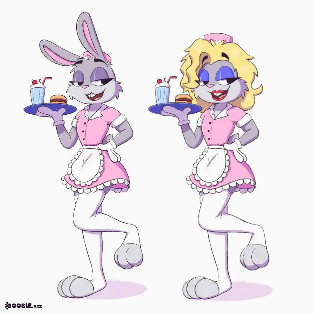 Two identical cartoon bunny waitresses in pink uniforms hold trays with milkshakes and burgers. The bunny on the left has…