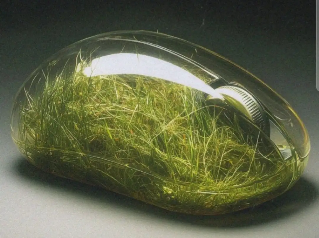 A transparent computer mouse filled with green grass and soil, with a visible scroll wheel, set against a dark background…