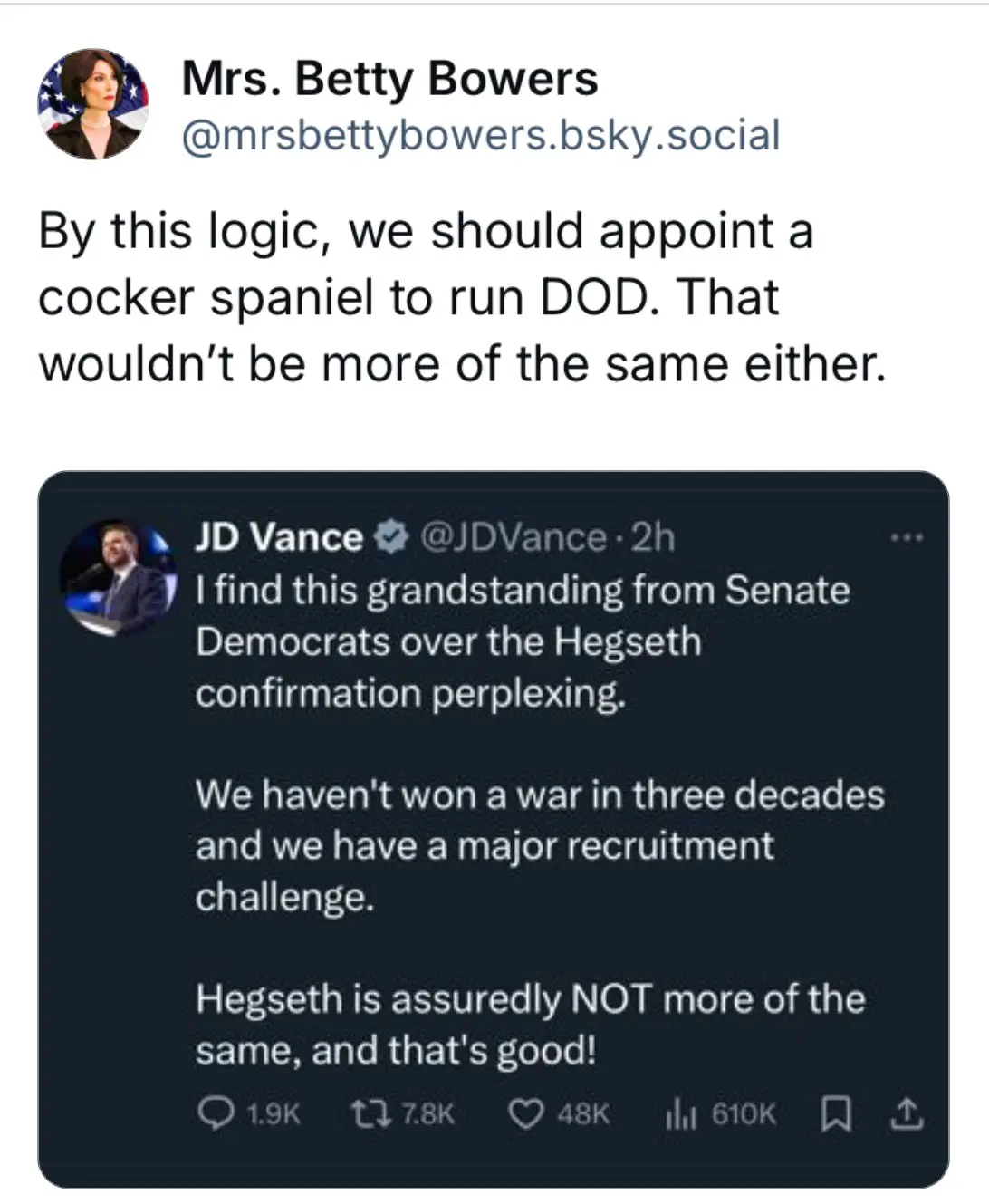 A screenshot of a social media post by 'Mrs. Betty Bowers' replying to a tweet from JD Vance. Vance's tweet criticizes…