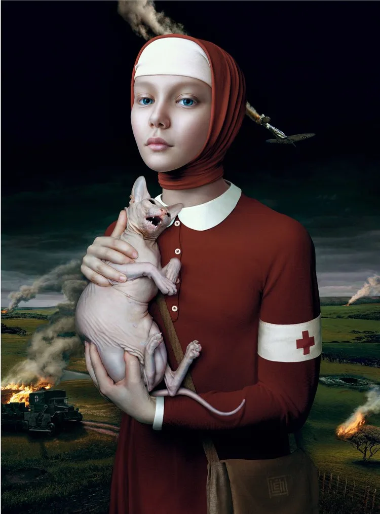 A young woman dressed as a nurse in a red uniform with a white armband and headscarf holds a hairless cat. The cat is…