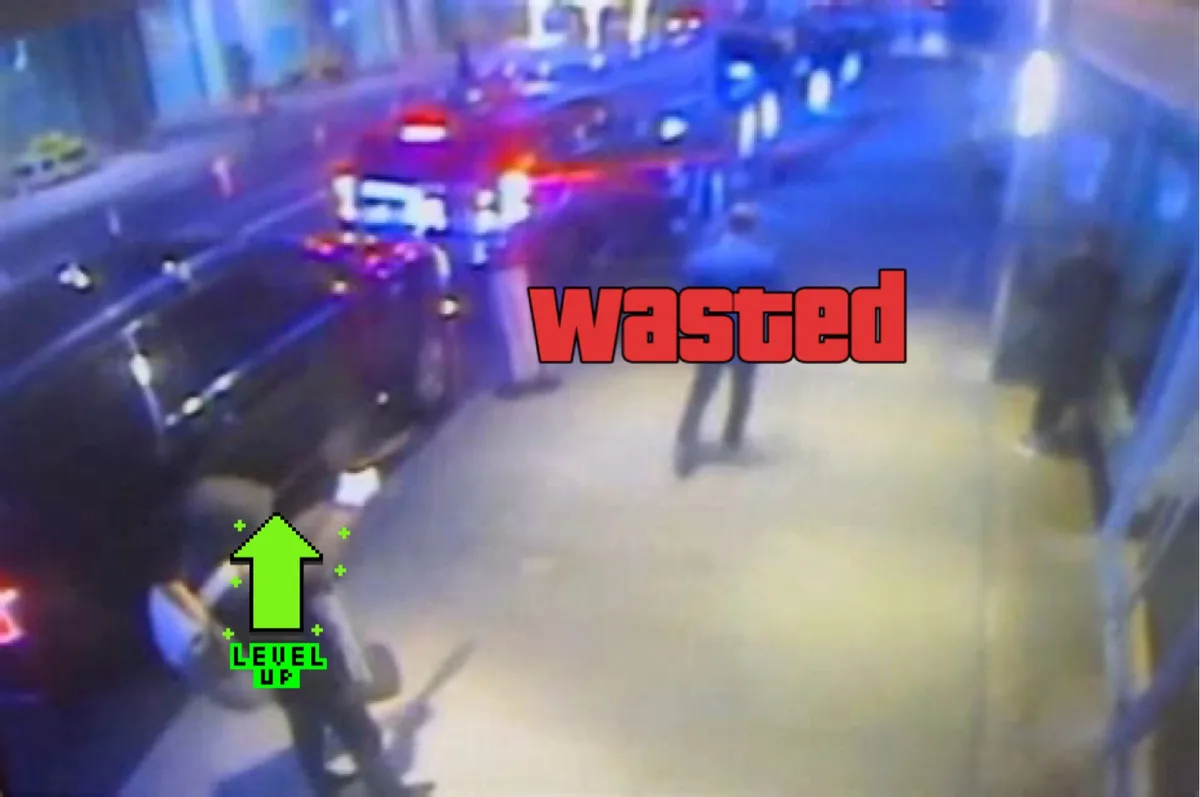A low-resolution security camera image shows a nighttime street scene with police cars and flashing lights. A person is…
