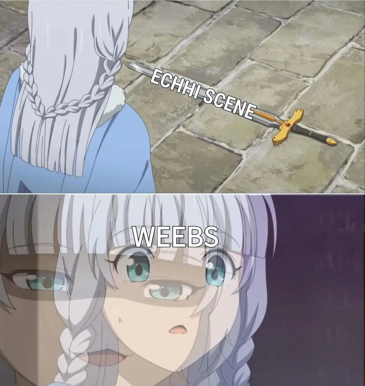 The top panel shows a sword lying on stone pavement next to a character with braided white hair, labeled 'ECHHI SCENE'. The…