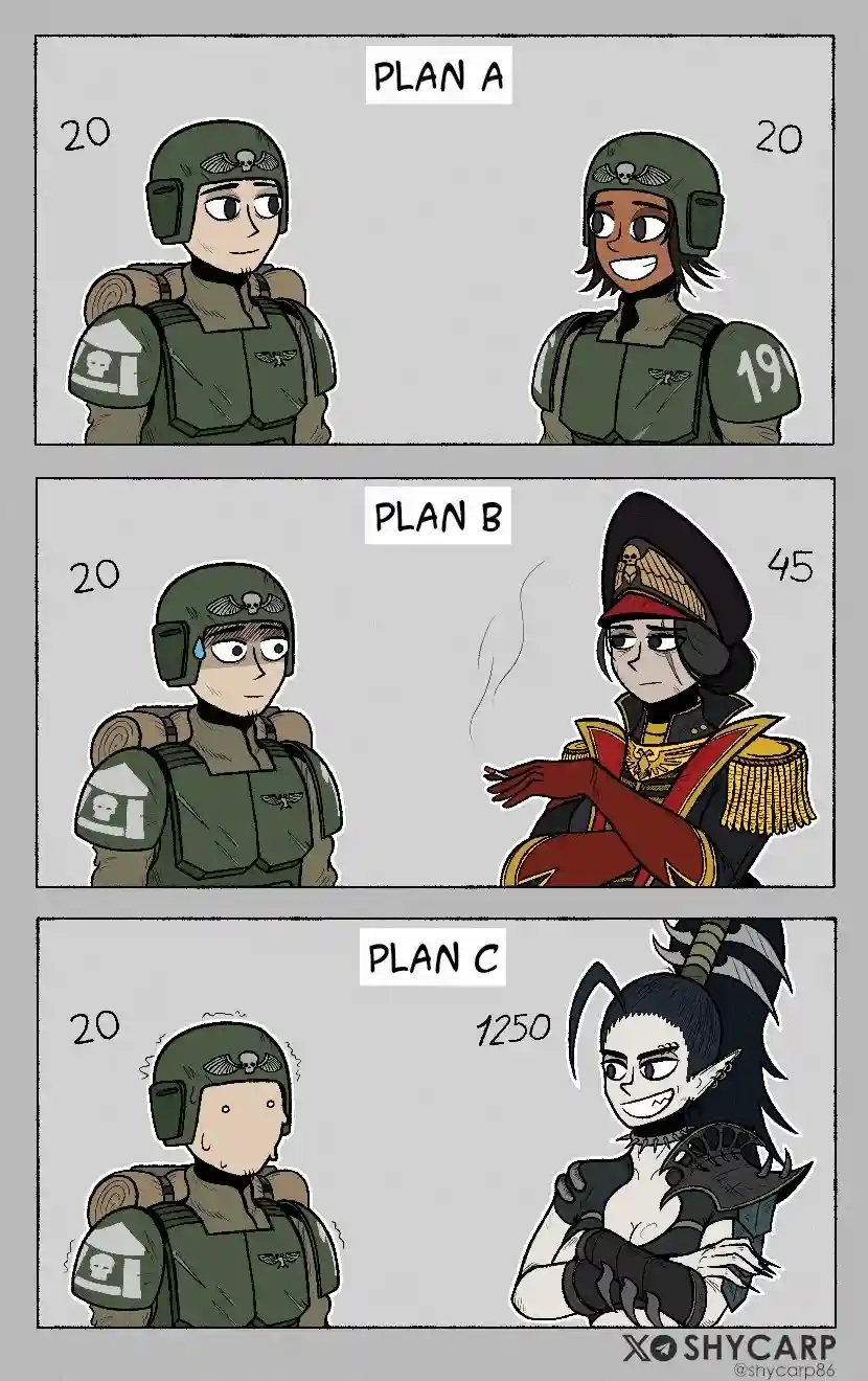 A three-panel comic shows a soldier with '20' next to them facing different opponents labeled 'PLAN A', 'PLAN B', and 'PLAN…