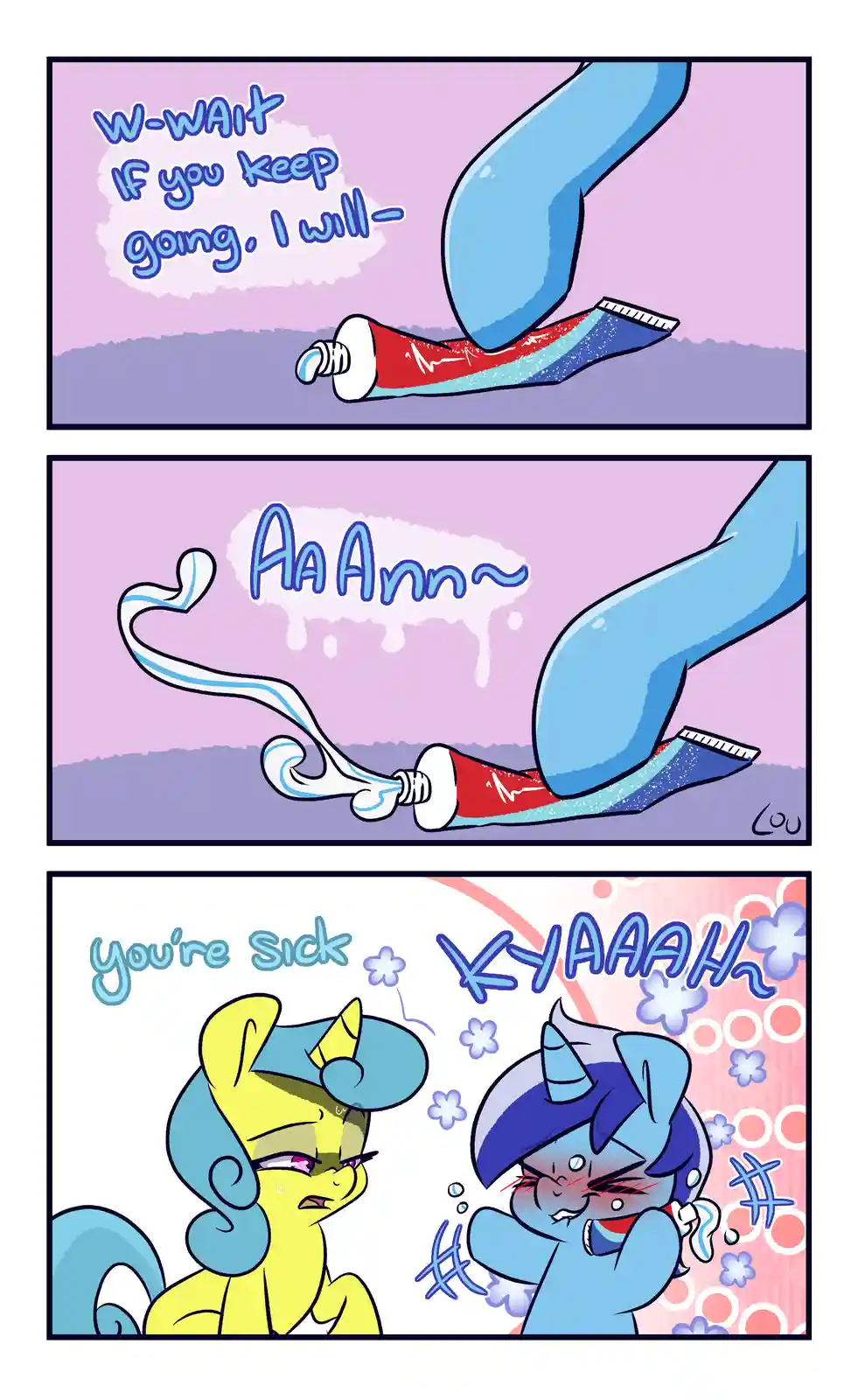 A three-panel comic shows a blue pony's hoof squeezing toothpaste, then squeezing more, then reacting in horror as another…
