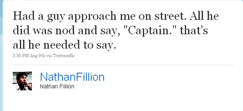 A screenshot of a tweet from Nathan Fillion showing a text post where he recounts a stranger on the street simply nodding…