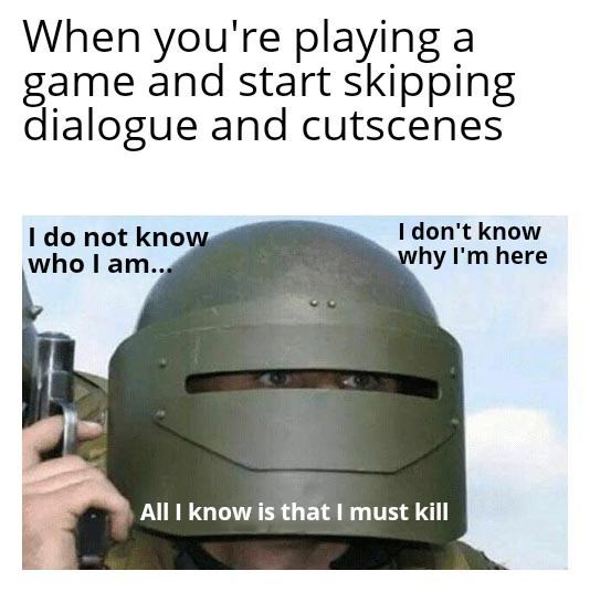 A close-up image of a character wearing a green, full-face helmet with a narrow eye slit, holding a pistol. The character's…