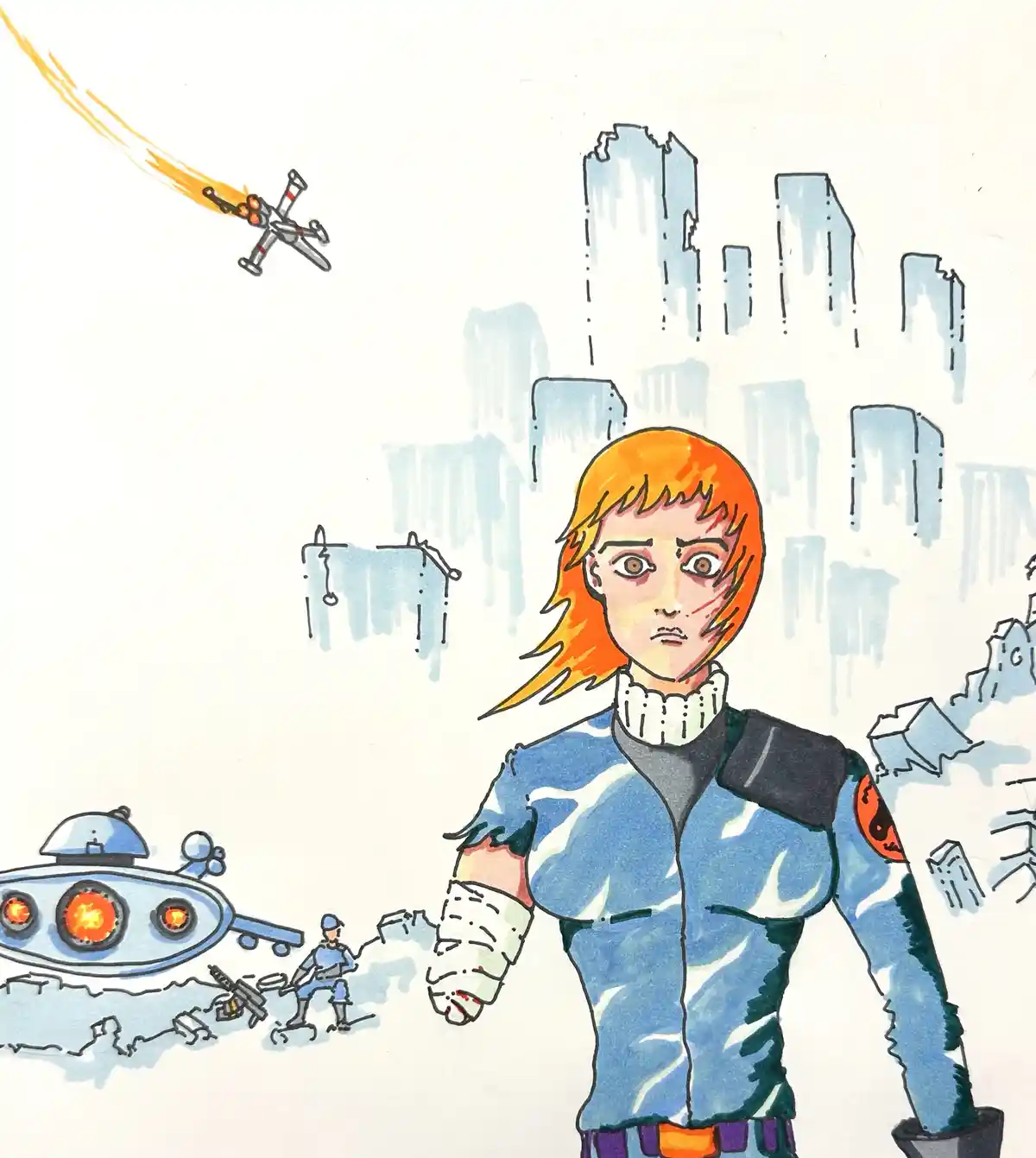 A hand-drawn illustration shows a person with orange hair and a bandaged arm standing in a ruined cityscape. Behind them, a…