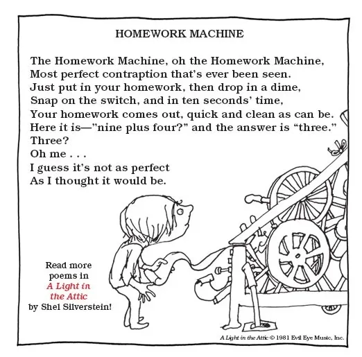 A black-and-white cartoon shows a child looking disappointedly at a large, complex machine labeled 'HOMEWORK MACHINE'. The…