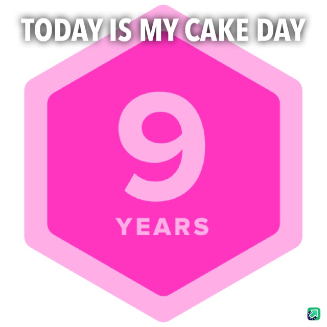 A bright pink hexagon with a large number '9' and the text 'YEARS' below it, overlaid with the phrase 'TODAY IS MY CAKE DAY'…