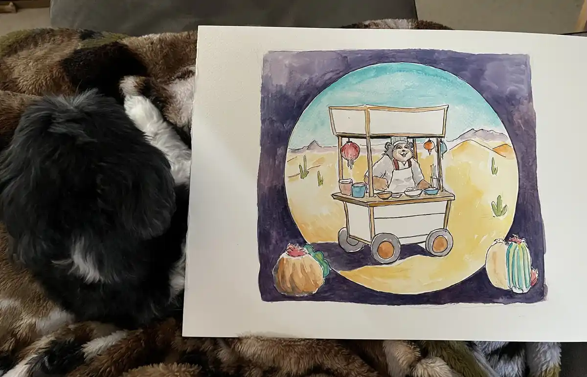 A watercolor painting depicts a cheerful cartoon bear wearing a chef's hat and apron, standing behind a food cart in a…
