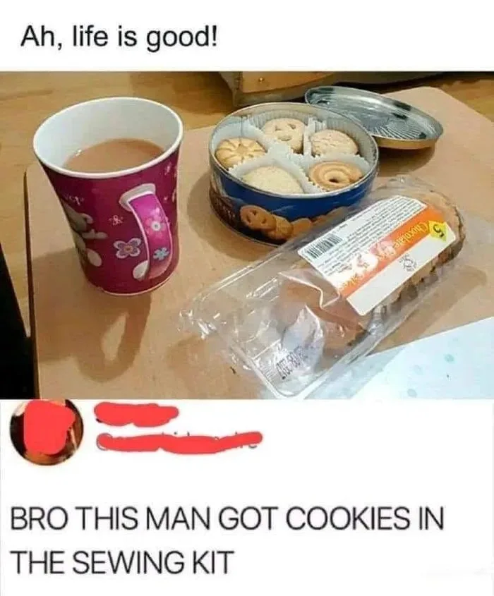 An image shows a table with a pink cup of tea, a tin of assorted cookies, and a clear plastic package of chocolate chip…