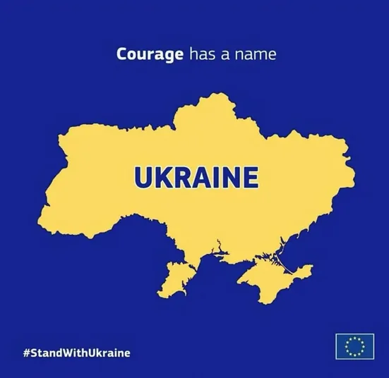 A blue background features a yellow silhouette of Ukraine with the word 'UKRAINE' in bold blue letters inside it. Above the…