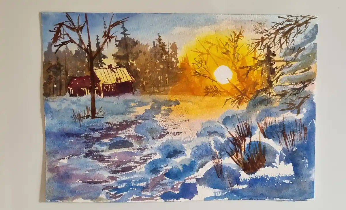 A watercolor painting depicts a snowy winter landscape with a small red cabin nestled among bare trees, a bright yellow sun…