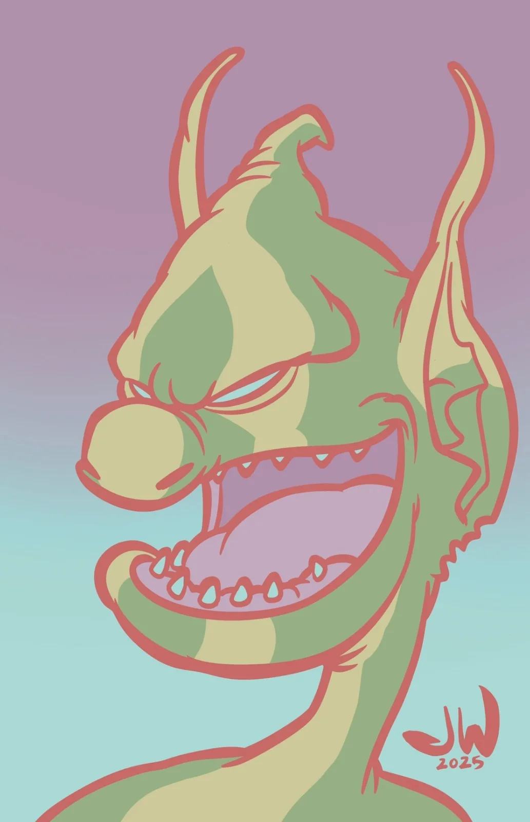 A stylized cartoon dragon with green scales and red outlines, shown with a wide, toothy grin and narrowed eyes against a…