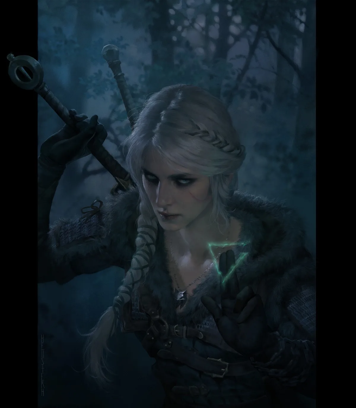 A dark, atmospheric image of a female fantasy warrior with pale blonde braided hair, wearing a fur-lined coat and leather…