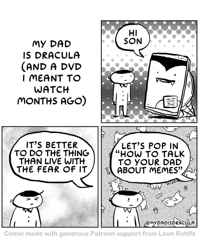 A four-panel comic shows a son encountering his dad, who is depicted as a vampire DVD case. The dad says 'HI SON', the son…