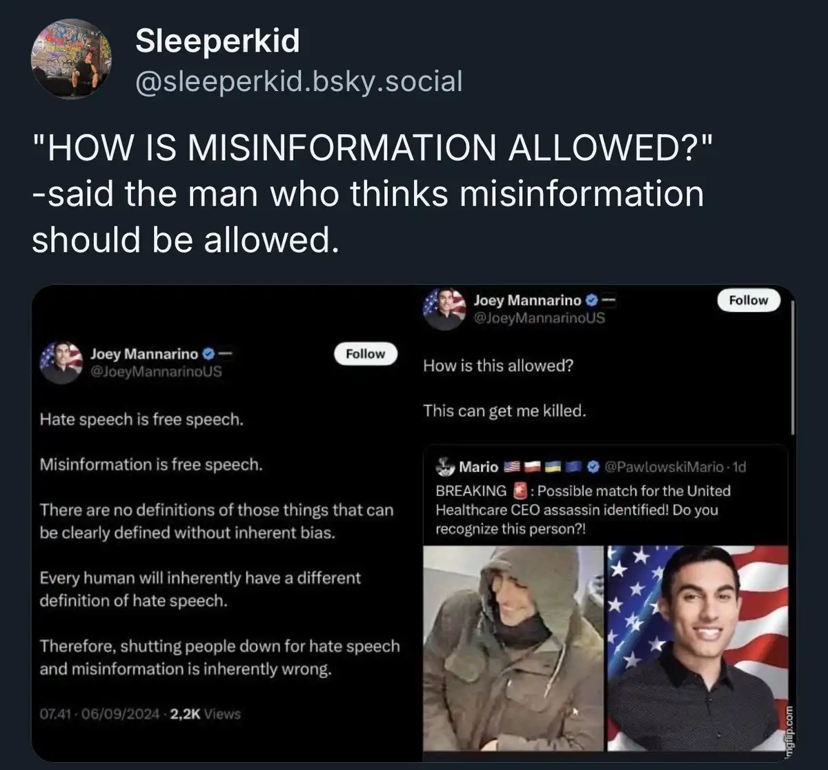 A screenshot of a social media post by Joey Mannarino, who claims 'Misinformation is free speech' and 'shutting people down…