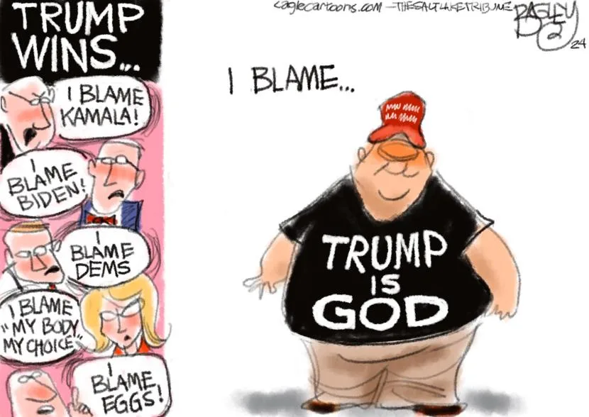A cartoon shows a large man wearing a red 'Make America Great Again' cap and a black t-shirt that reads 'TRUMP IS GOD'…
