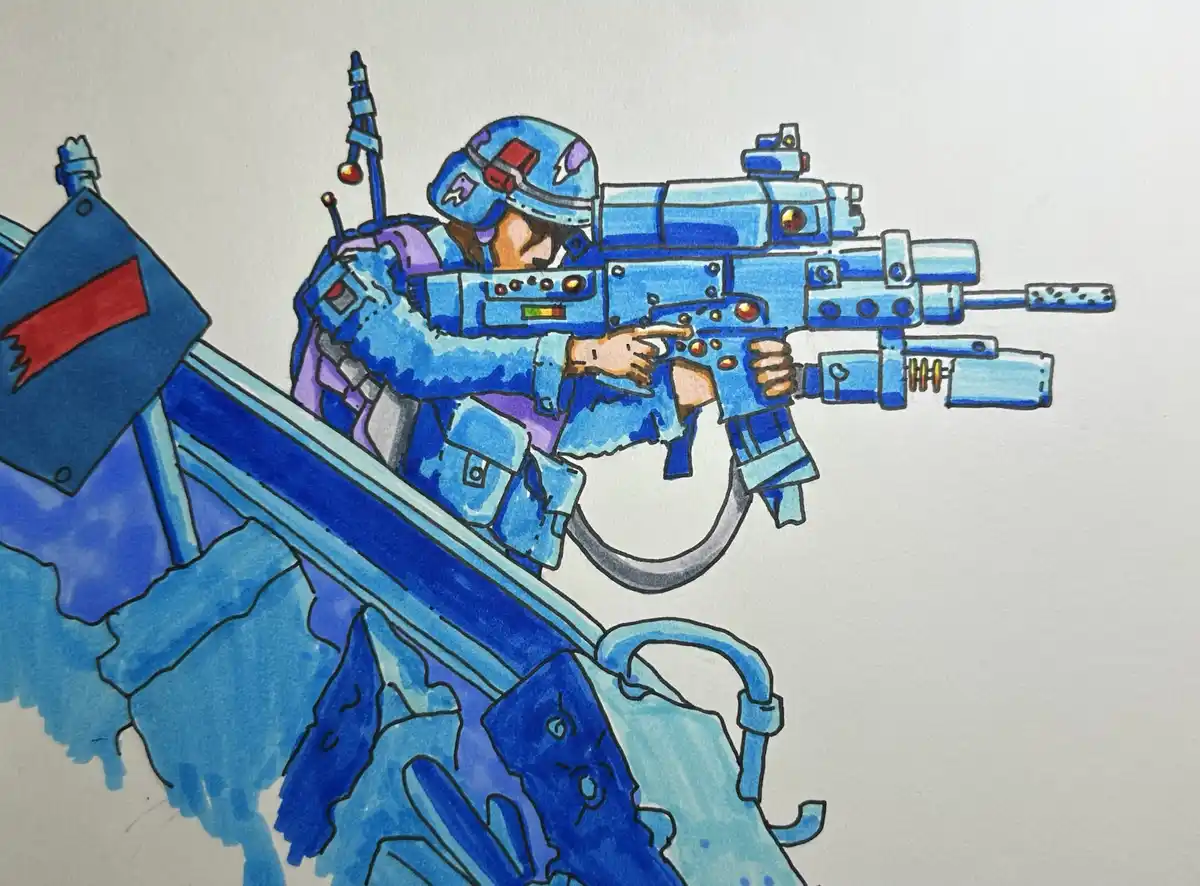 A hand-drawn illustration shows a soldier in blue and purple futuristic armor, crouched behind a blue mechanical structure…