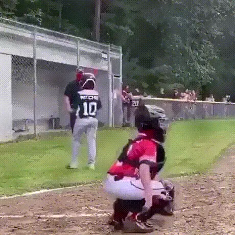 A six-panel sequence shows a young baseball catcher in red and white gear watching a batter hit a home run. The batter runs…