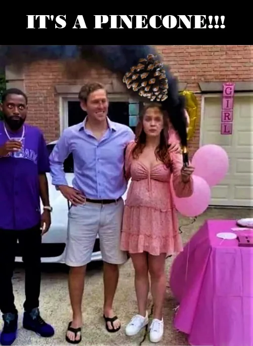 Three people stand outside a house decorated for a girl's party, with pink balloons and a 'GIRL' banner. The woman in the…
