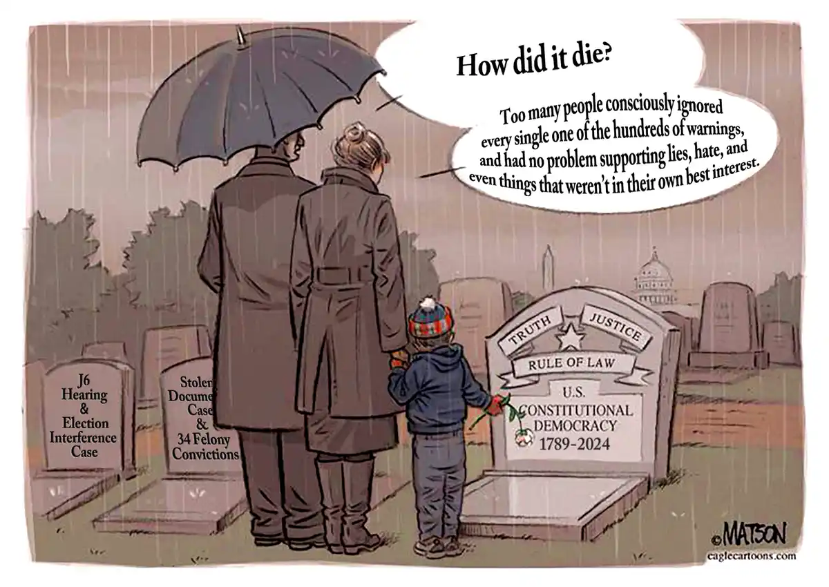 A cartoon depicts two adults and a child standing in a rainy cemetery, looking at a tombstone labeled 'U.S. CONSTITUTIONAL…