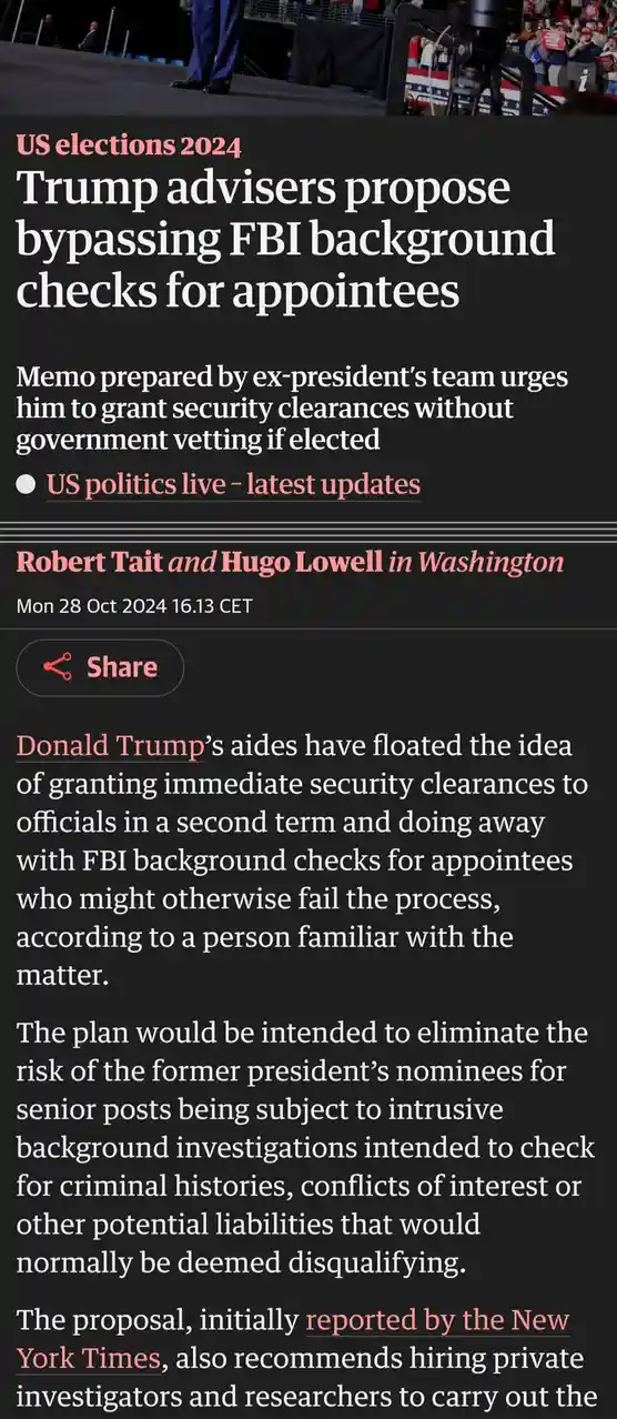 A screenshot of a news article with a dark background and white text, reporting that Trump advisers proposed bypassing FBI…
