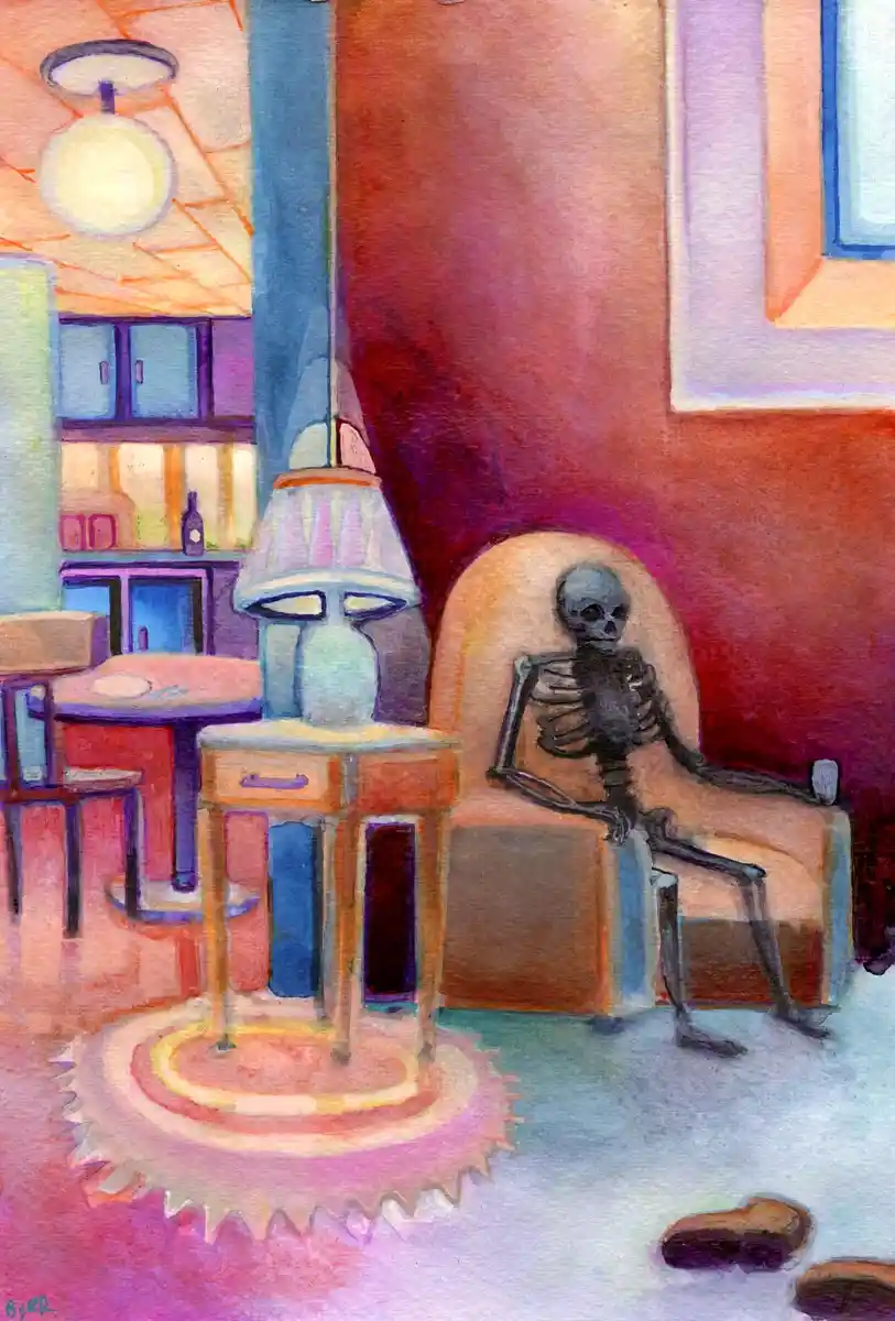 A watercolor painting depicts a human skeleton sitting comfortably in a beige armchair in a warmly lit, colorful living…