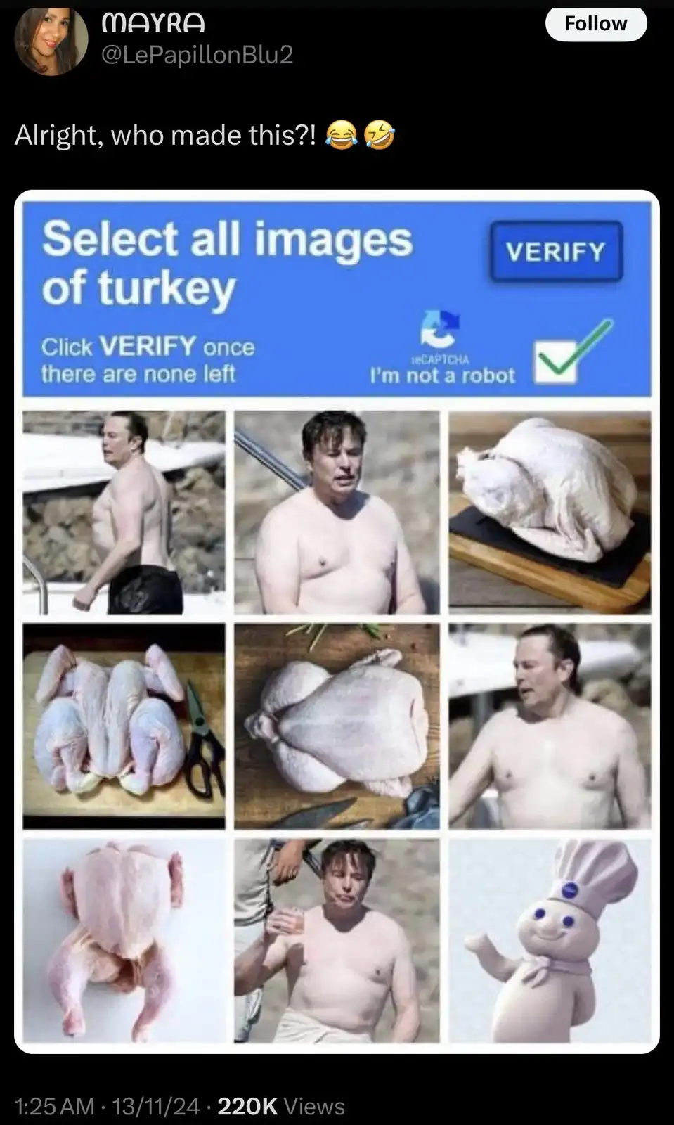 A reCAPTCHA verification screen asks users to select all images of turkey from a 3x3 grid. Several images show a shirtless…