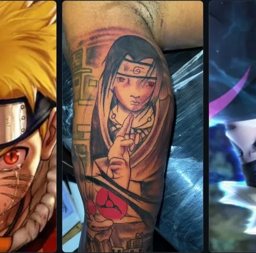 A triptych image shows a tattoo of the anime character Hinata Hyuga on a person's arm, flanked by images of Naruto Uzumaki…