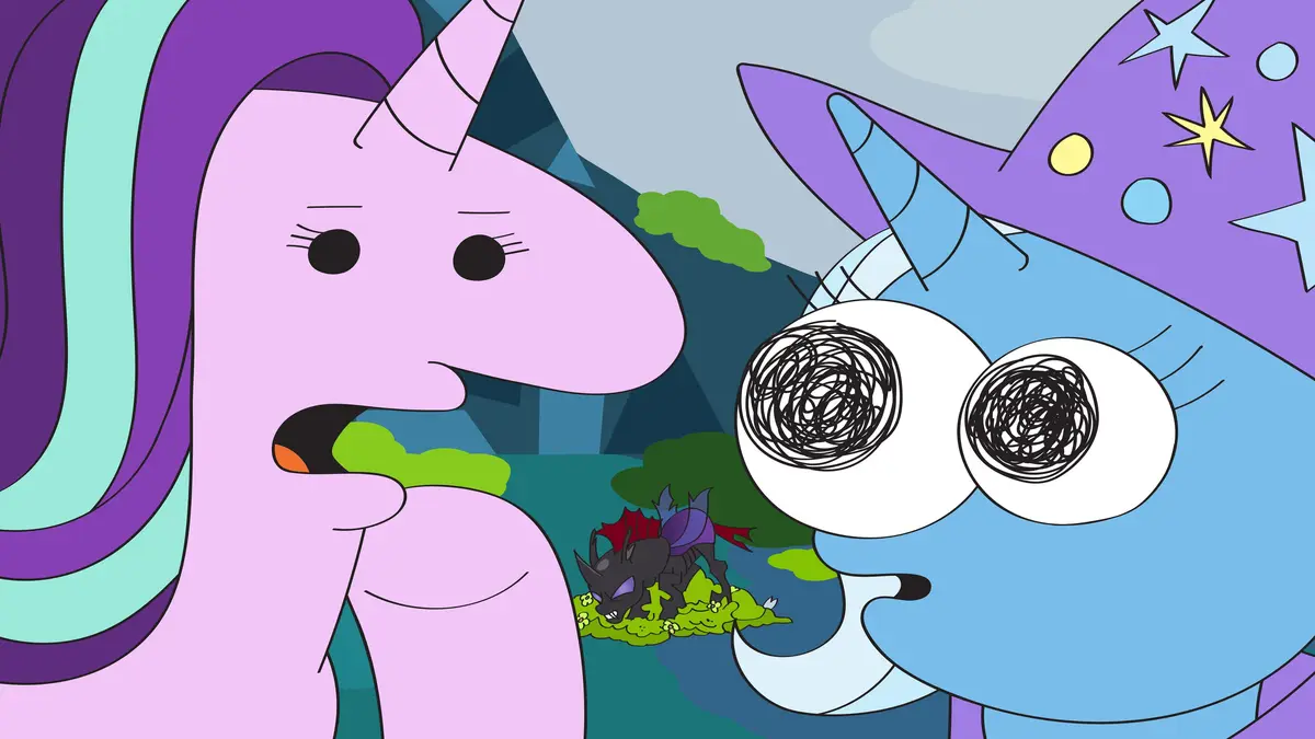 A pink unicorn with a calm expression looks toward a small black dragon in the distance, while a blue unicorn with…
