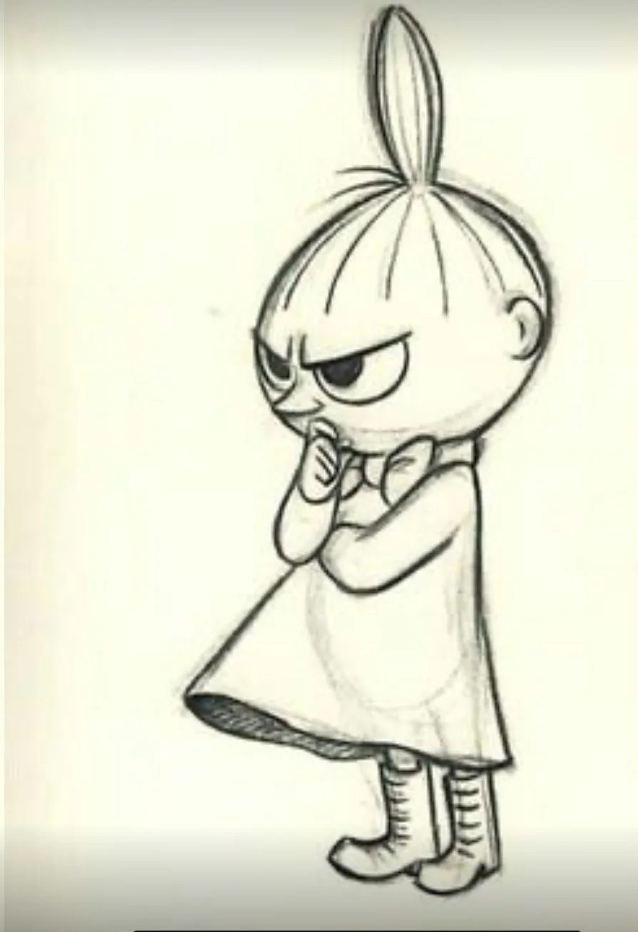 A black-and-white pencil sketch of a cartoon child with a high ponytail, wearing a dress and boots, standing with arms…