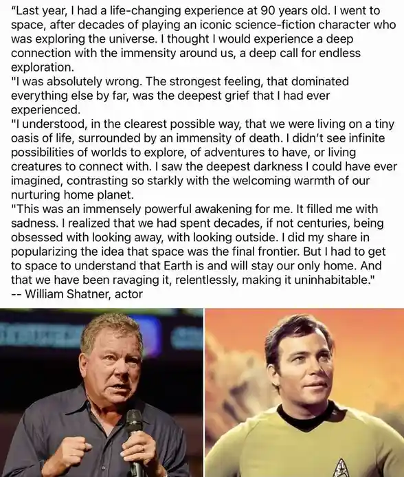 The image is split into two panels. The left panel shows an older William Shatner speaking into a microphone, looking…