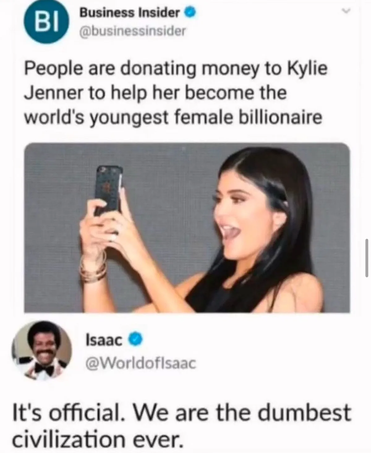 A screenshot of a Twitter thread shows Business Insider reporting that people are donating money to Kylie Jenner to help her…