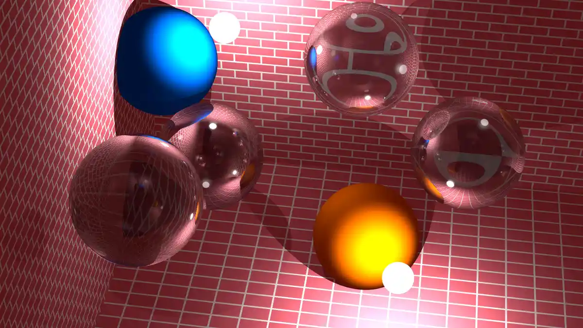 A digital rendering shows several glossy spheres in a red brick-walled room with a tiled floor. A large blue sphere and a…