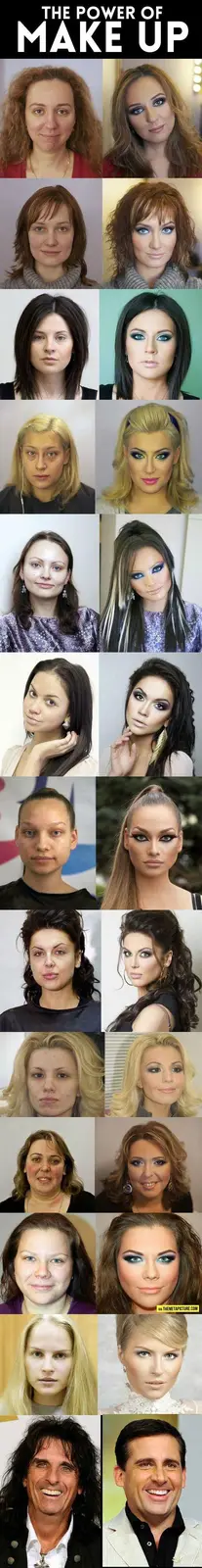 The image displays a grid of before-and-after photos showing women (and one man) with dramatic makeup transformations. Each…
