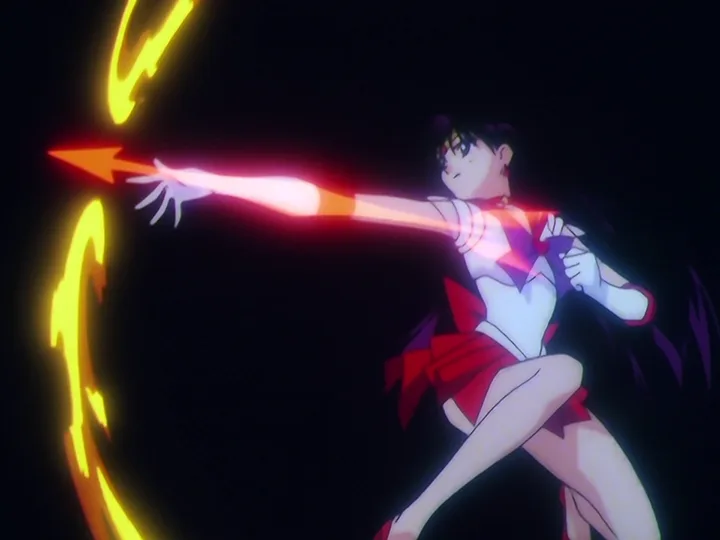 An anime character, Sailor Mars, is depicted in a dynamic action pose, firing a glowing red arrow-shaped energy blast from…