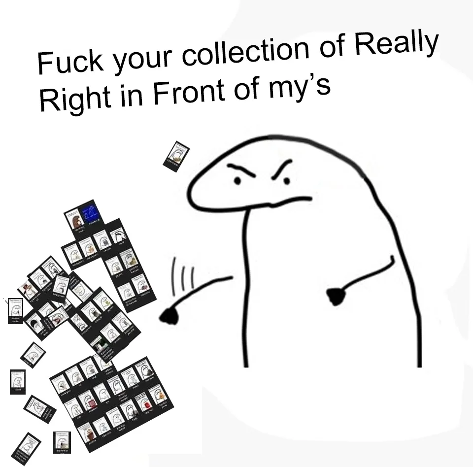 A simple stick figure with an angry expression is shown throwing a large pile of digital trading cards, which appear to be…