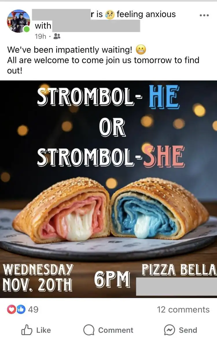 An image of two stromboli halves on a plate, one with pink and white filling, the other with blue and white filling…