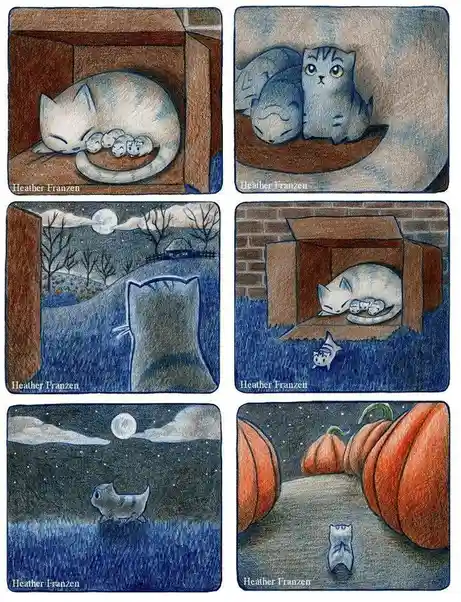 A six-panel illustrated story by Heather Franzen showing a mother cat curled around her kittens in a cardboard box, then a…