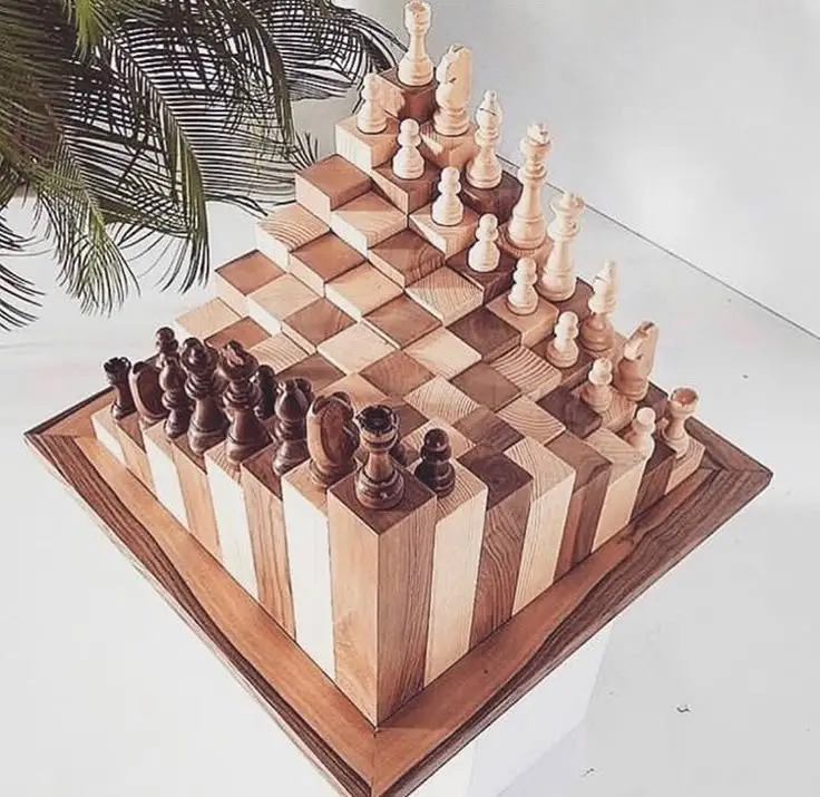 A 3D wooden chess set is arranged in a pyramid shape, with dark and light wooden pieces standing on raised squares, set…