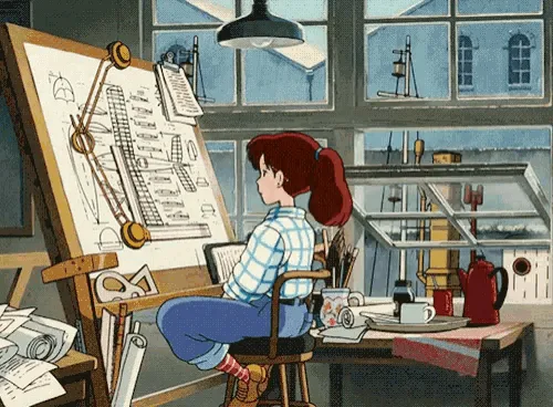 A sequence of six panels shows an animated woman with red hair in a blue plaid shirt sitting at a drafting table, gradually…
